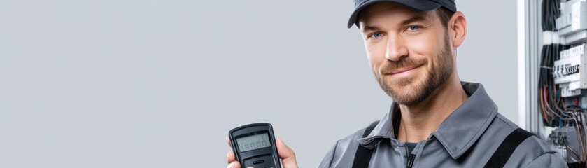 Fototapeta premium A smiling technician holds a digital multimeter against a neutral background, showcasing expertise in electrical work, AI-integrated Labour Day