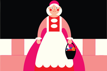 Stylized illustration of a woman in a pink dress holding a basket vector