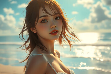 Naklejka premium Beautiful young woman with long brown hair and bright makeup enjoys a sunny day at the beach with sparkling ocean waves and a blue sky