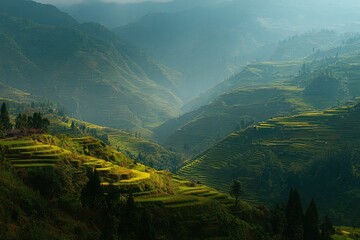 Fototapeta premium Sunlit terraced rice paddies in a misty mountain valley