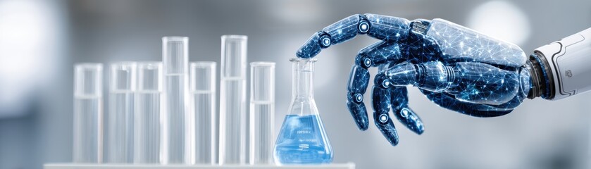 A robotic hand interacts with laboratory glassware, showcasing the blend of technology and science in a modern research environment, AI-integrated Labour Day