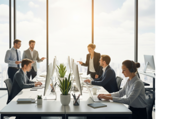 A modern open-plan office space with large glass windows, minimalist desks, potted plants, and people collaborating on laptops,