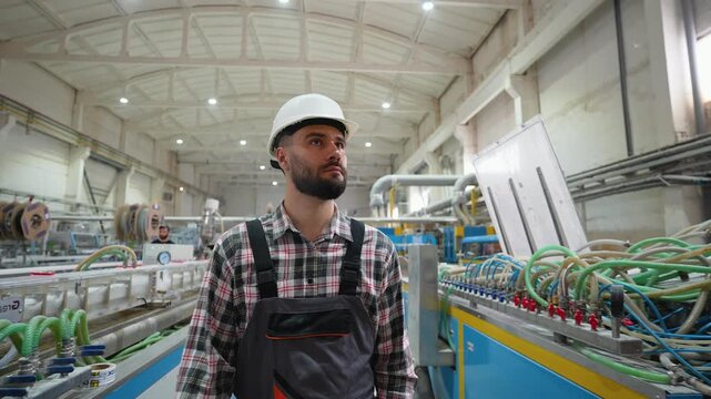Confident engineer in uniform goes through an industrial factory near cooling system