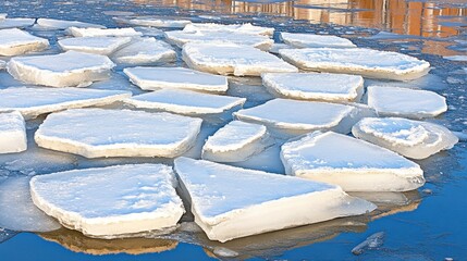 Ice floes glistening in the sunlight present a serene winter scene by the water