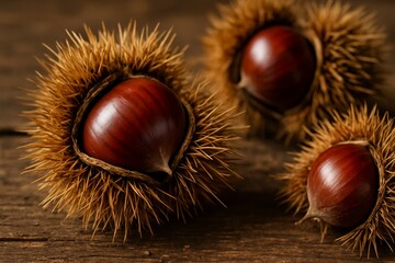 Shiny chestnuts in prickly husks on a wooden table, warm closeup for autumn harvest, cooking, and food projects.