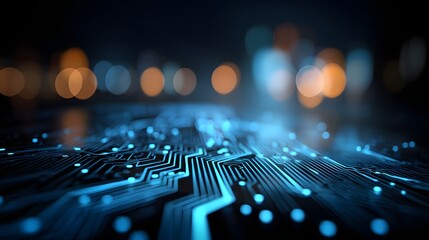 Close-up view of illuminated circuit board technology.