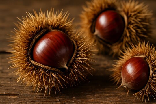 Shiny chestnuts in prickly husks on a wooden table, warm closeup for autumn harvest, cooking, and food projects. - Powered by Adobe
