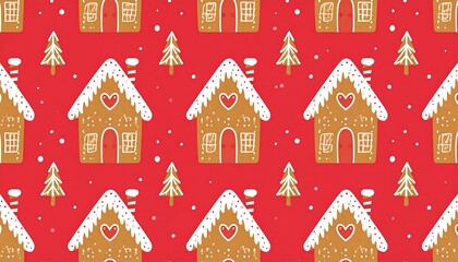 Gingerbread houses, trees, red, winter pattern