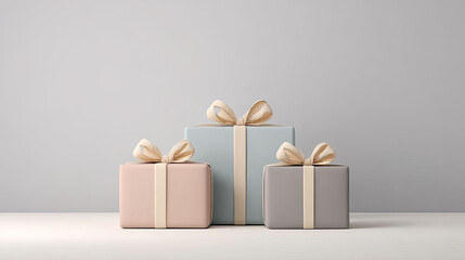 Minimalist pastel gift boxes with cream ribbons neutral background