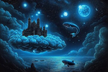 Palace made of clouds floating above an iridescent ocean celestial whales swimming in the sky glowing moonflowers blooming in the air