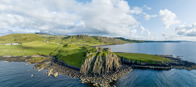 Aerial view of Duntulm Castle stands ruined on the north coast of Trotternish, on the Isle of Skye in Scotland, near the hamlet of Duntulm