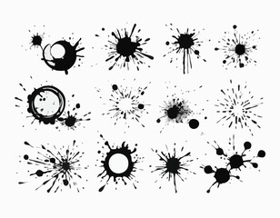 Hand Drawn Ink Splatter Vector Set – Round Small Paint Splashes, Black on White Background