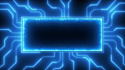Glowing blue circuit board design with a central rectangular frame and interconnected lines on a dark background