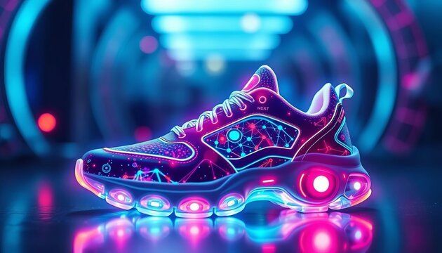 Futuristic hologram sneakers for fitness tracking, graphics, workout