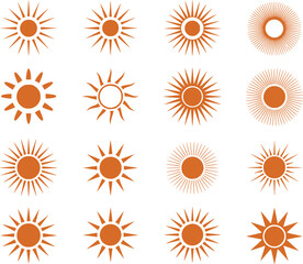 Collection of Sixteen Unique Sun Icons Depicting Various Designs Sunbursts Radiating Patterns Symbolic Representations of Sunlight and Warmth in a Grid Format