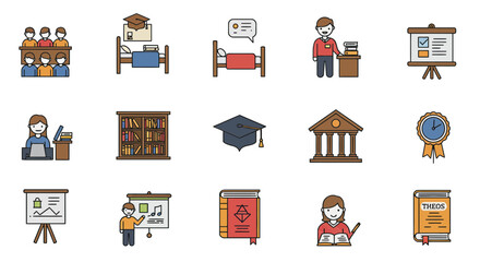 A versatile mix of illustrated icons for education, depicting university studies, academic achievement, and learning.