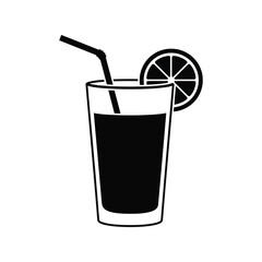 Black and white illustration of a tall glass with dark liquid straw and citrus slice
