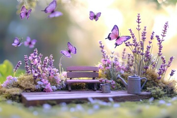 Butterflies flutter around a garden bench surrounded by lavender flowers in a serene outdoor setting