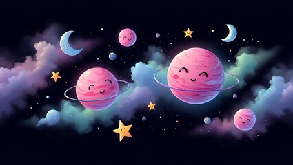 Cute cartoon planets and stars floating among dreamy clouds in outer space