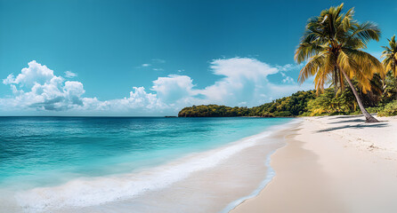 Stunning remote sandy beach on isolated island surrounded by vibrant ocean water, perfect for vacation promotions or lifestyle branding with text overlay