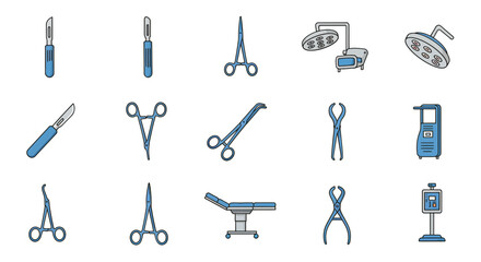 Obraz premium Comprehensive collection of medical surgery instrument icons. Vector graphic set for healthcare and hospital design elements.
