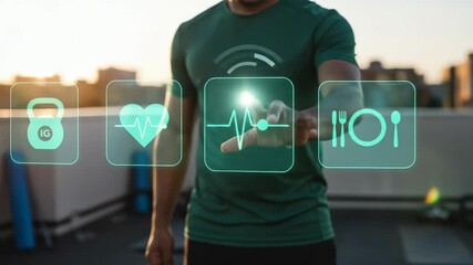 Digital Health Monitoring: An adult Black man in a green t-shirt interacts with a futuristic virtual interface displaying essential fitness, wellness, and heart rate data on a rooftop gym, symbolizing - Powered by Adobe