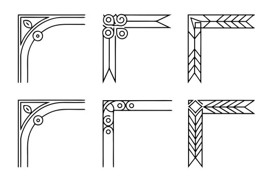 Decorative frame corner shapes set, six minimal vector design elements, elegant border decoration icons, isolated on plain white background