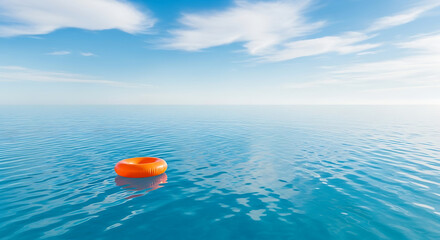 Obraz premium An orange inflatable ring floats peacefully on a calm, blue ocean under a bright, partly cloudy sky.