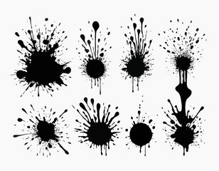 Hand Drawn Ink Splatter Vector Set – Round Small Paint Splashes, Black on White Background