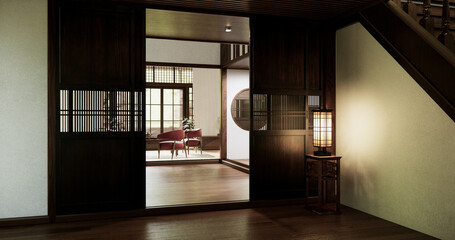 Japanese room with wooden stairs in old room is a traditional Japanese style design. 3D rendering.