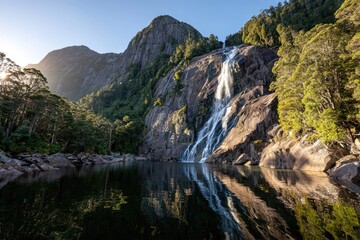 Naklejka premium Majestic waterfall cascading into a tranquil alpine lake, surrounded by lush greenery and dramatic mountains