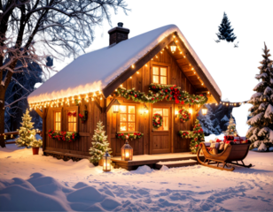Snowy Exterior of Santa’s Workshop with Holiday Decorations, isolated on transparent background PNG