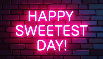 Bright pink neon sign reads happy sweetest day against a brick wall