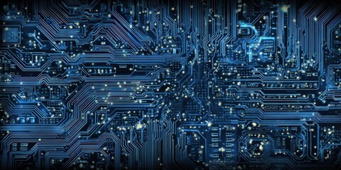 Detailed blue motherboard pattern background representing advanced technology, artificial intelligence, and complex system designs