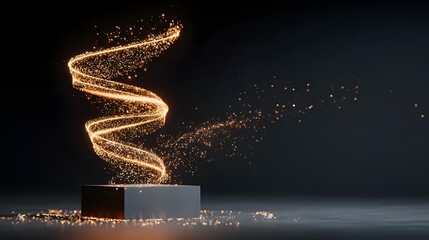 Obraz premium Sparkling golden spiral design on a gray cube pedestal.