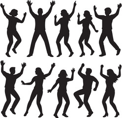 vector set of silhouttee dancing people in joyful celebration poses on white background