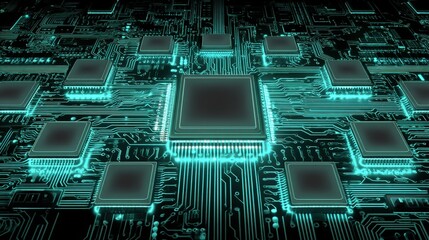 Fototapeta premium Futuristic Circuit Board Illustration Featuring a Central Processing Unit, Transistors, and Electrical Pathways