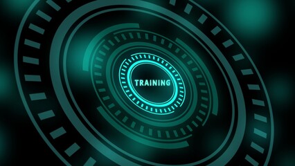 Teal Digital Interface with Training Text Inside Circular Futuristic Design on Black Background