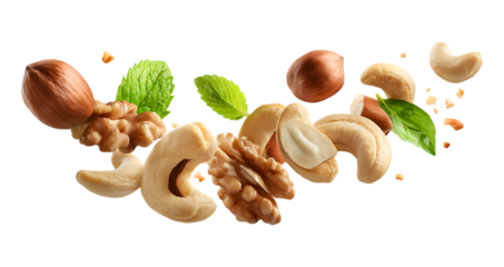 various types of nuts falling in the air isolated on a transparent background