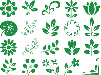 Botanical Illustration Featuring an Assortment of Green Floral and Leafy Elements, Aesthetically Pleasing Design with Simplicity, Whimsical and Creative with Botanical Motifs