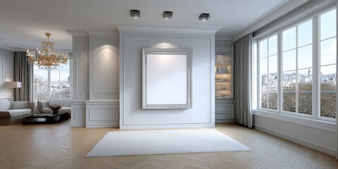 Elegant Living Room Interior with Blank Frame Mockup and City View, Ideal for Art Display