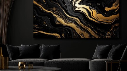 Modern Black and Gold Abstract Art with Fluid Dynamic Patterns for Contemporary Decor