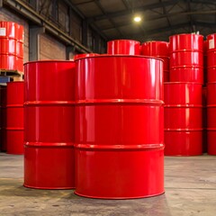 Crimson industrial storage: Metallic drums awaiting transport in vast warehouse depot