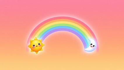 Cute cartoon sun and crescent moon smiling under a vibrant rainbow on a gradient background