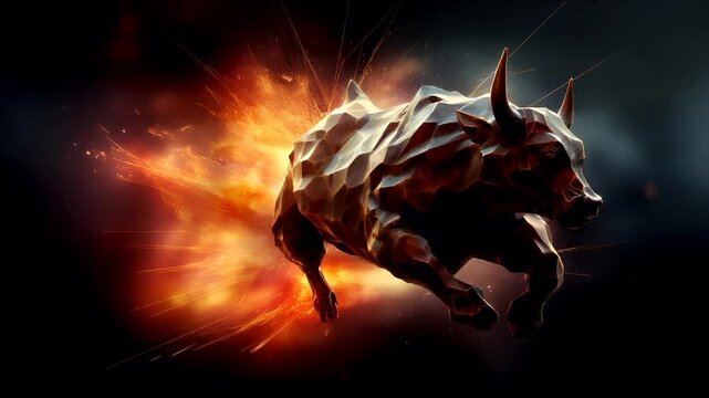 Financial market concept. A digital artwork of a bull, rendered in a lowpoly style, set against a fiery backdrop. The bull is depicted in a dynamic pose.