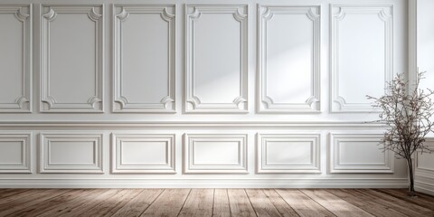 Classic interior with decorative wall molding, wood floor, and minimal accent plant for architectural presentations