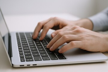 Hands Typing on Laptop Keyboard for Business, Communication and Technology Concepts