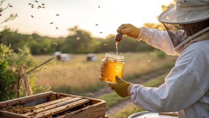 Beekeeper with Honey Jar and Bees