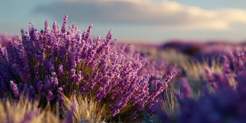 Fototapeta premium Lavender field blooming under a serene sky during golden hour, Provence inspired landscape.
