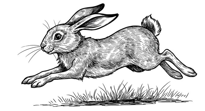 Vintage engraving style illustration of a jumping hare. Hand-drawn sketch of a wild rabbit running and leaping over grass.